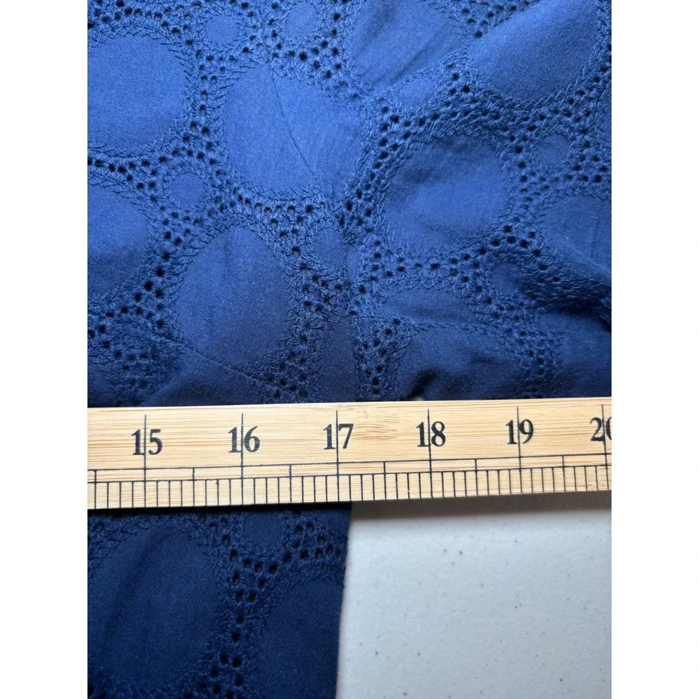 J.Crew Navy Blue Eyelet‎ Cotton Mini Dress 12 V-Neck Long Sleeve Lined Scallop